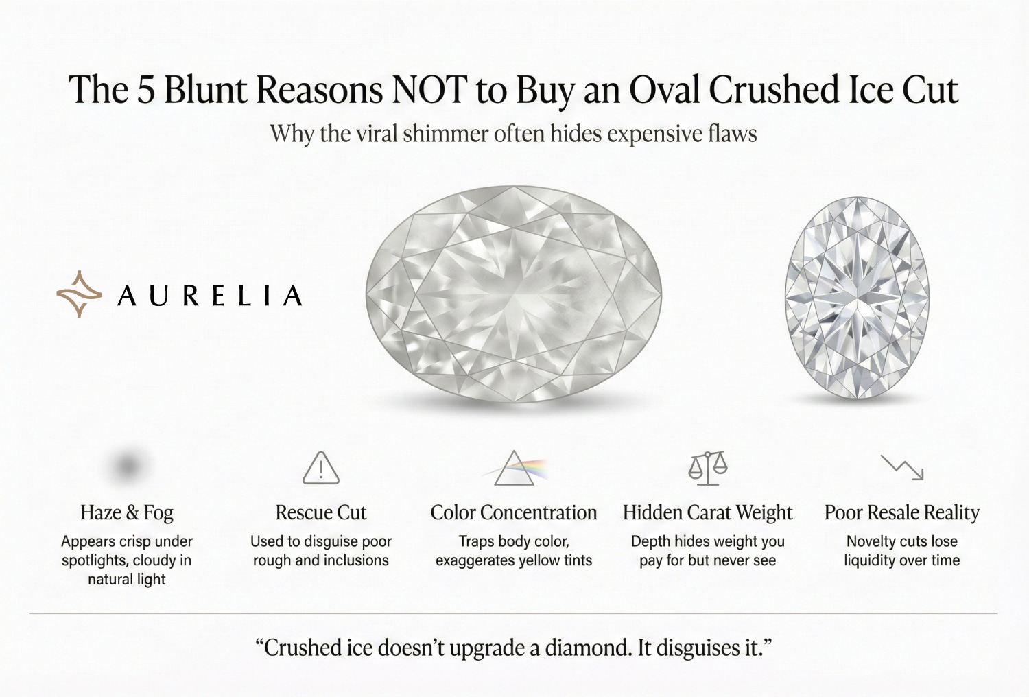 An infographic titled "The 5 Blunt Reasons NOT to Buy an Oval Crushed Ice Cut". It lists 5 flaws: Haze & Fog (cloudy in natural light), Rescue Cut (disguises poor rough), Color Concentration (exaggerates yellow), Hidden Carat Weight (depth hides weight), and Poor Resale Reality. It features a comparison of a hazy Crushed Ice oval vs. a crisp Brilliant oval.