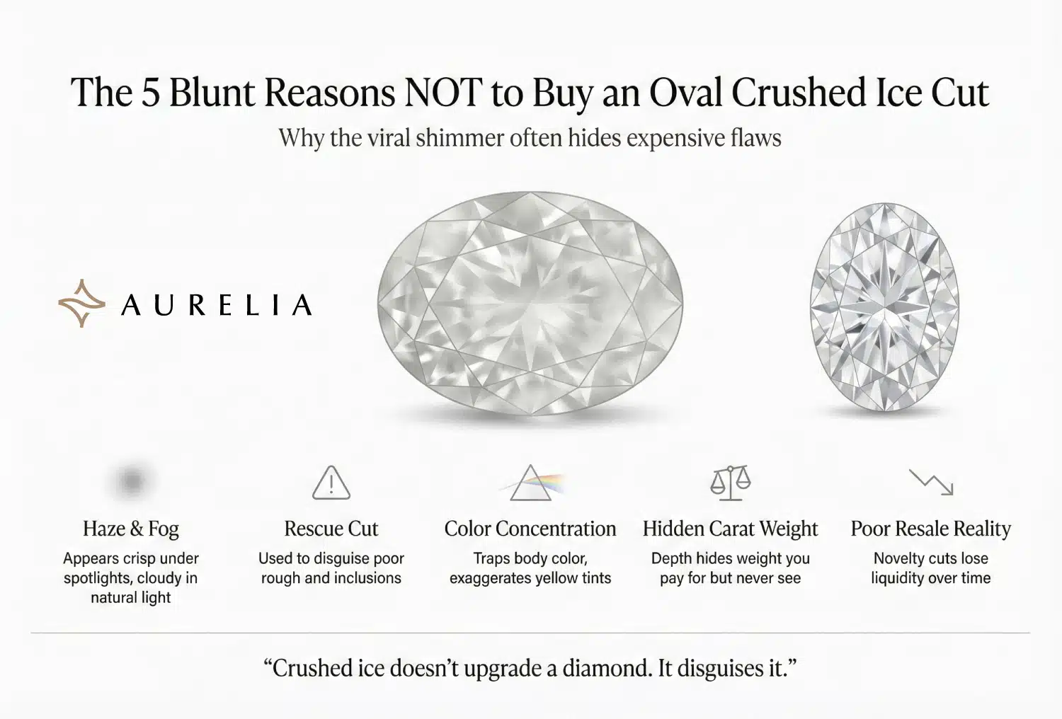 An infographic titled "The 5 Blunt Reasons NOT to Buy an Oval Crushed Ice Cut". It lists 5 flaws: Haze & Fog (cloudy in natural light), Rescue Cut (disguises poor rough), Color Concentration (exaggerates yellow), Hidden Carat Weight (depth hides weight), and Poor Resale Reality. It features a comparison of a hazy Crushed Ice oval vs. a crisp Brilliant oval.