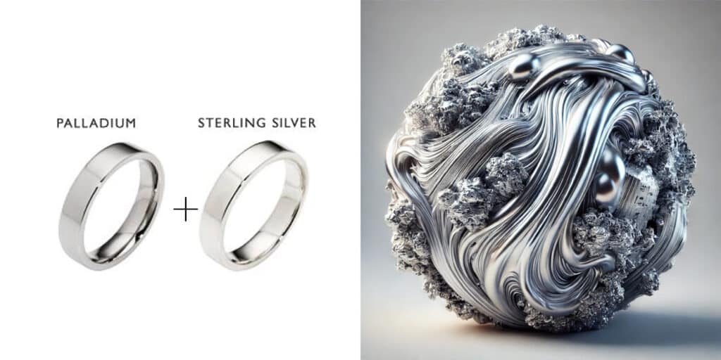 Real image of sterling silver and palladium combined, featuring two rings labeled 'Palladium' and 'Sterling Silver' alongside a textured metallic fusion ball symbolizing their blend.