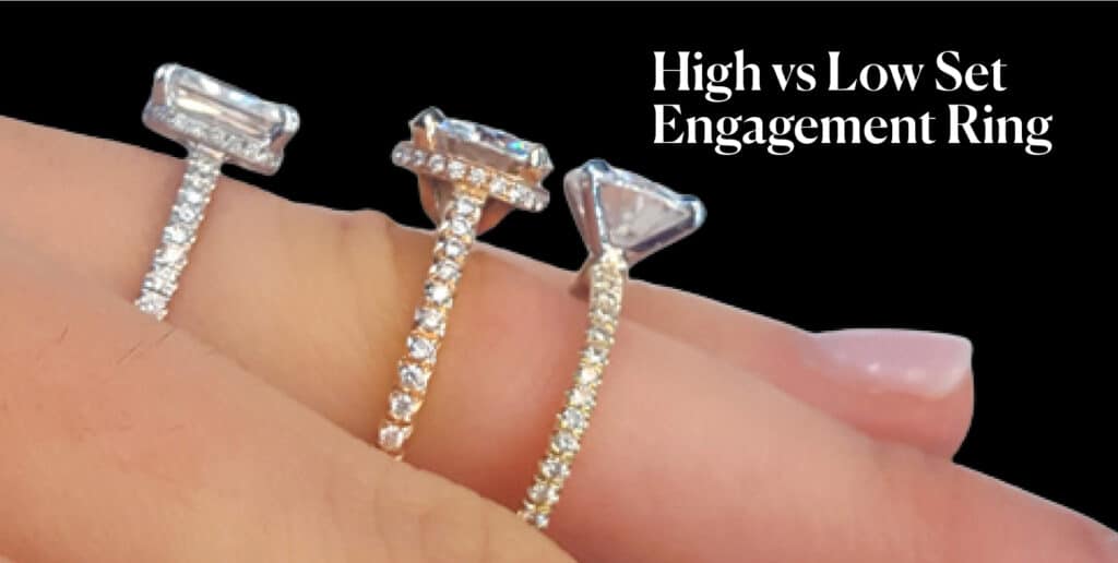 A close-up of three engagement rings on a hand, showcasing the difference in settings. The rings demonstrate varying diamond heights: a low-set, medium-set, and high-set style, emphasizing the distinctions in design and elevation.