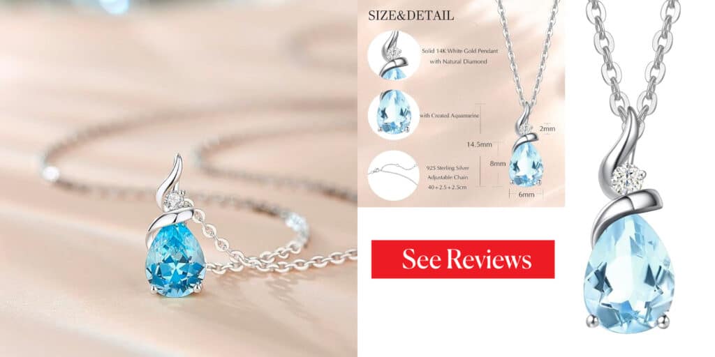 14K Solid White Gold Aquamarine Pendant Necklace for Women 