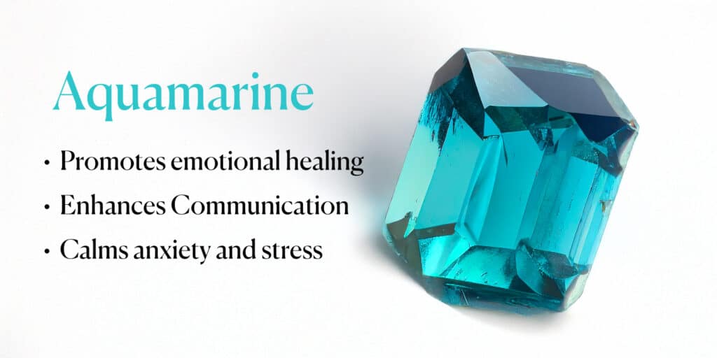 A sparkling aquamarine gemstone with its healing properties listed, including promoting emotional healing, enhancing communication, and calming anxiety.