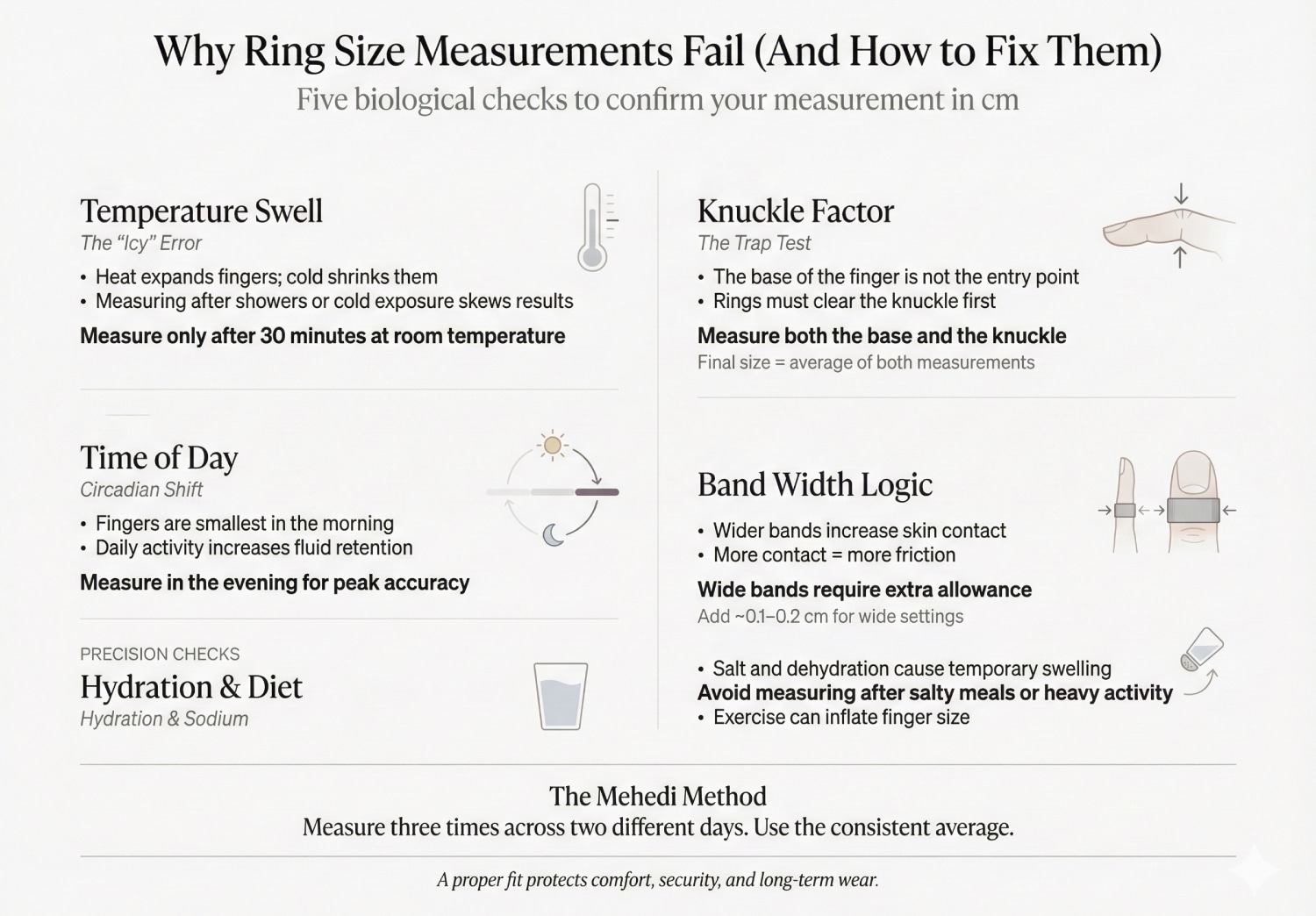 An educational infographic titled "Why Ring Size Measurements Fail (And How to Fix Them)". It illustrates 5 biological checks: Temperature Swell (measure at room temp), Knuckle Factor (measure base & knuckle), Time of Day (measure in evening), Band Width Logic (add 0.1-0.2cm for wide bands), and Hydration/Diet. It features "The Mehedi Method": Measure 3 times across 2 days.