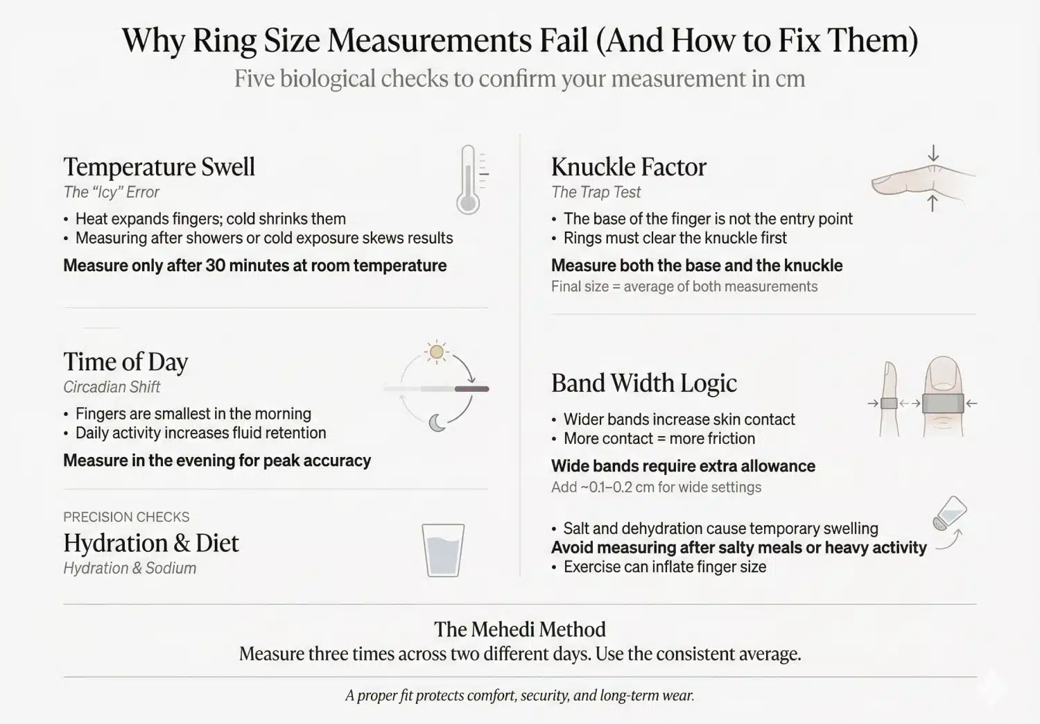An educational infographic titled "Why Ring Size Measurements Fail (And How to Fix Them)". It illustrates 5 biological checks: Temperature Swell (measure at room temp), Knuckle Factor (measure base & knuckle), Time of Day (measure in evening), Band Width Logic (add 0.1-0.2cm for wide bands), and Hydration/Diet. It features "The Mehedi Method": Measure 3 times across 2 days.