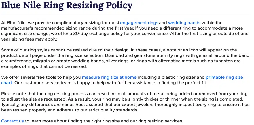 blue nile's resizing policy page screenshot