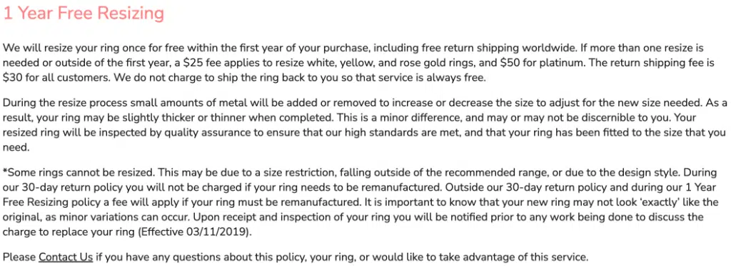 james allen 1 year free ring resizing policy page screenshot