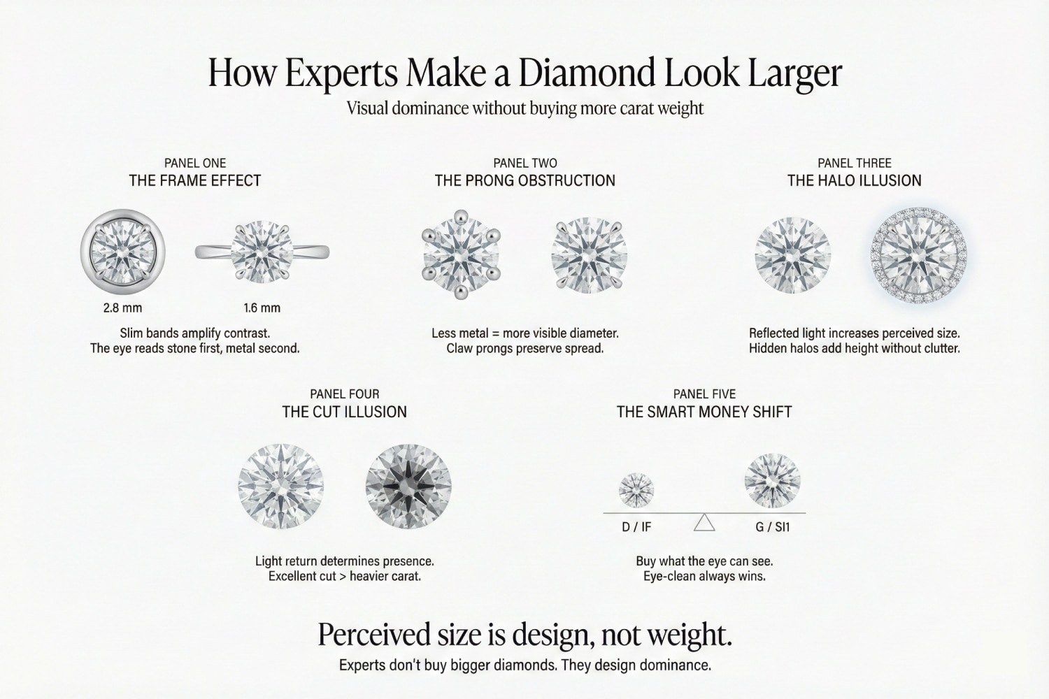 An infographic titled "How Experts Make a Diamond Look Larger". It illustrates 5 techniques: The Frame Effect (slim bands), Prong Obstruction (claw prongs), Halo Illusion, Cut Illusion (light return), and Smart Money Shift (buying eye-clean G/SI1 vs D/IF). It concludes: "Experts don't buy bigger diamonds. They design dominance."