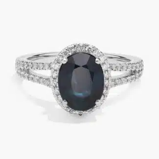 Oval Sapphire and Diamond Halo Split Shank Ring in 18k White Gold