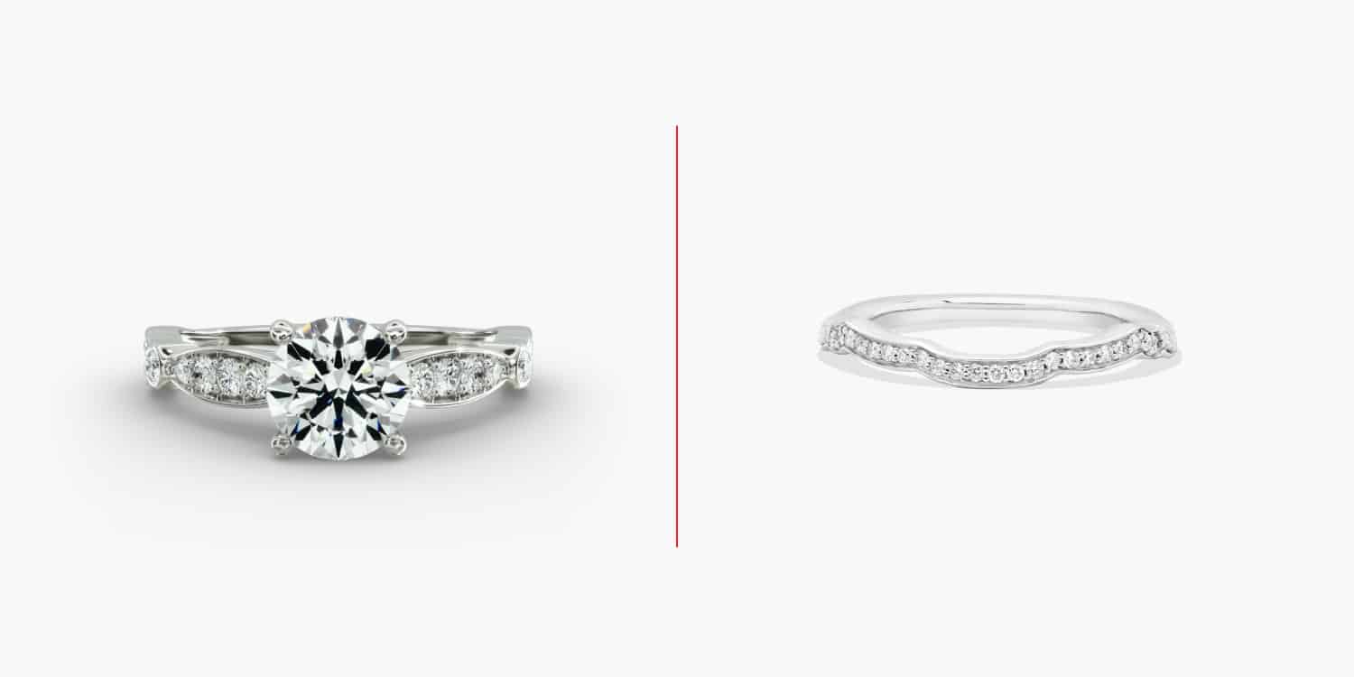 a delicate floral-etched engagement ring paired with a matching band that mirrors the same pattern, like this stunning duo from James Allen.