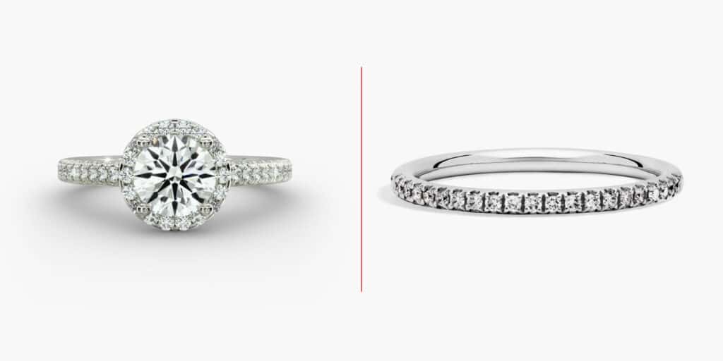 this oval halo engagement ring from Blue Nile paired with a pavé band for an eye-catching, glamorous pairing.