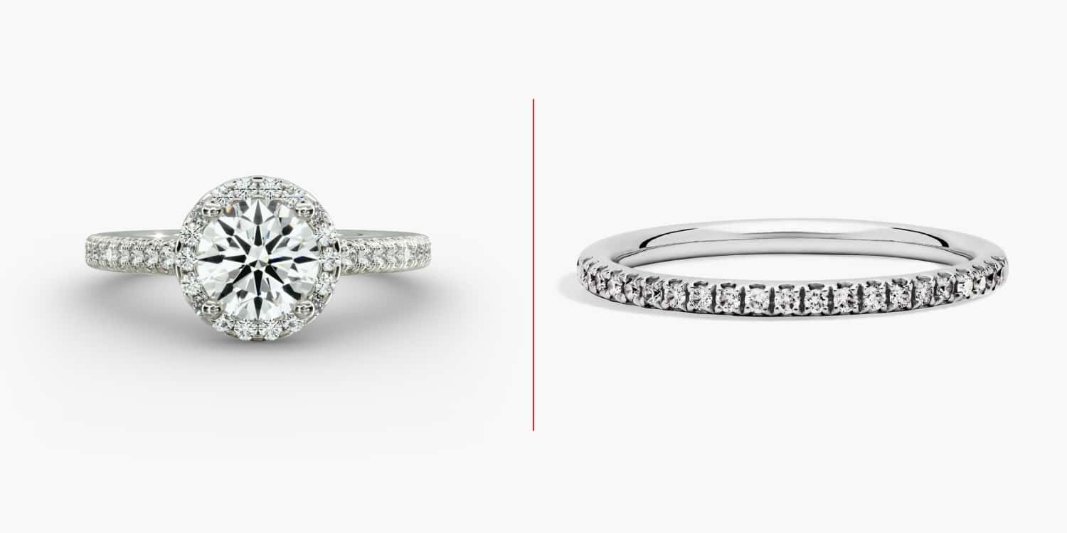 this oval halo engagement ring from Blue Nile paired with a pavé band for an eye-catching, glamorous pairing.