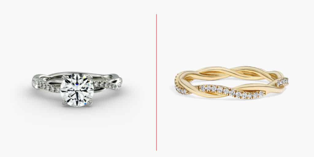 A mixed-metal engagement ring featuring rose and yellow gold tones beautifully complements a platinum wedding band for a chic, layered effect.