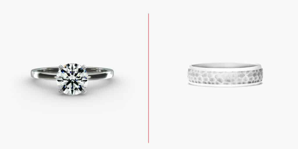 A hammered-finish wedding band next to a polished solitaire engagement ring creates a dynamic and stylish pairing.