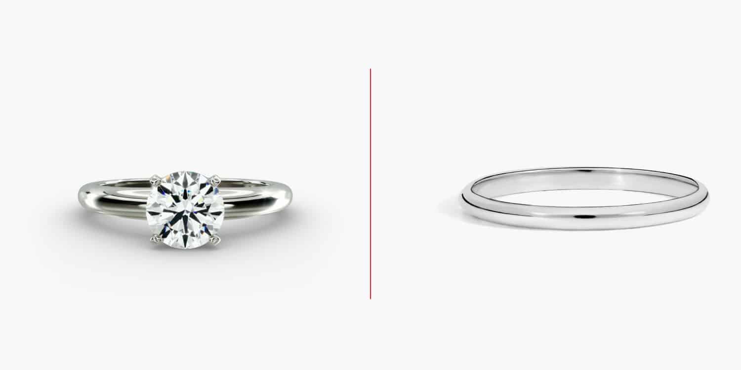 a platinum solitaire engagement ring matched with a classic white gold wedding band—simple yet captivating.