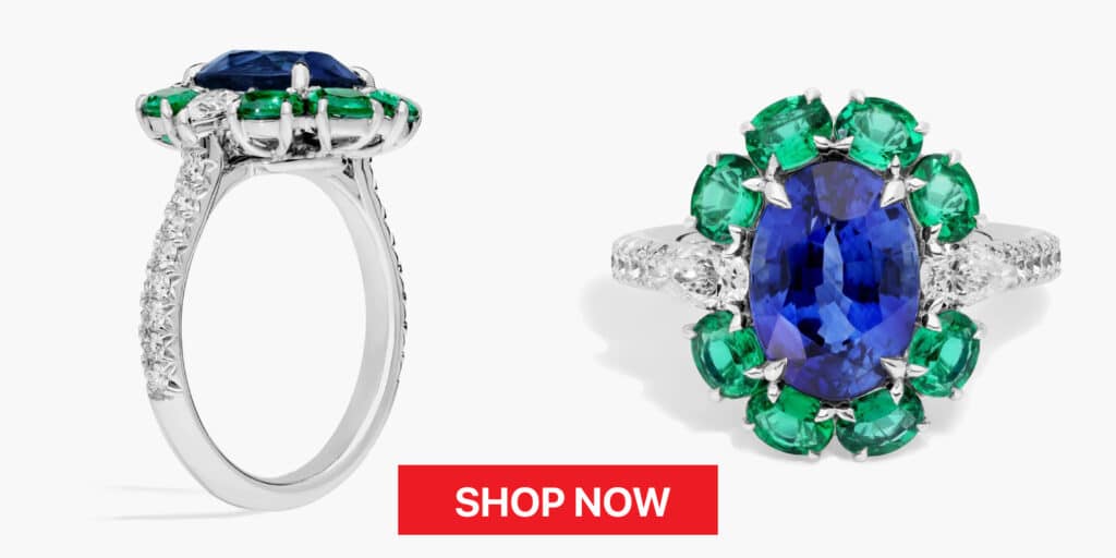 Blue Sapphire and Emerald Ring with Diamond Details in 18k White Gold