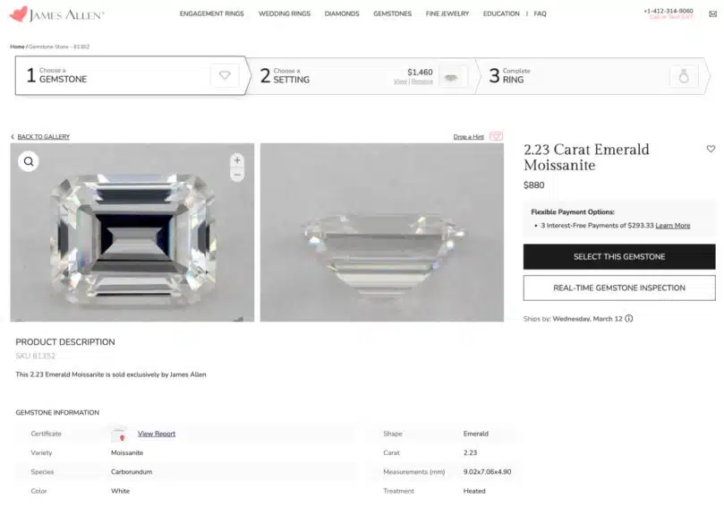 2.23 carat emerald cut loose moissanite stone showing on james allen website with its certifiacte, price and description