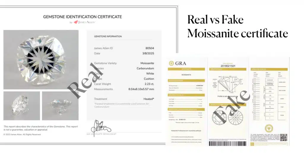 Real Moissanite Certification by GIA for James Allen Showing the Difference Between Real vs Fake Moissanite Certificate