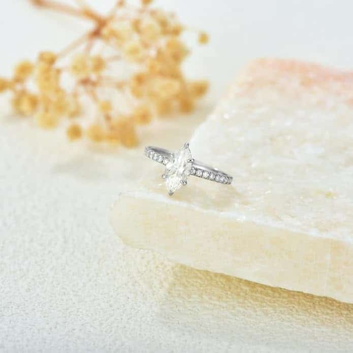 Selena Gomez’s Marquise Ring in Moissanite stone on a marvel palladium background