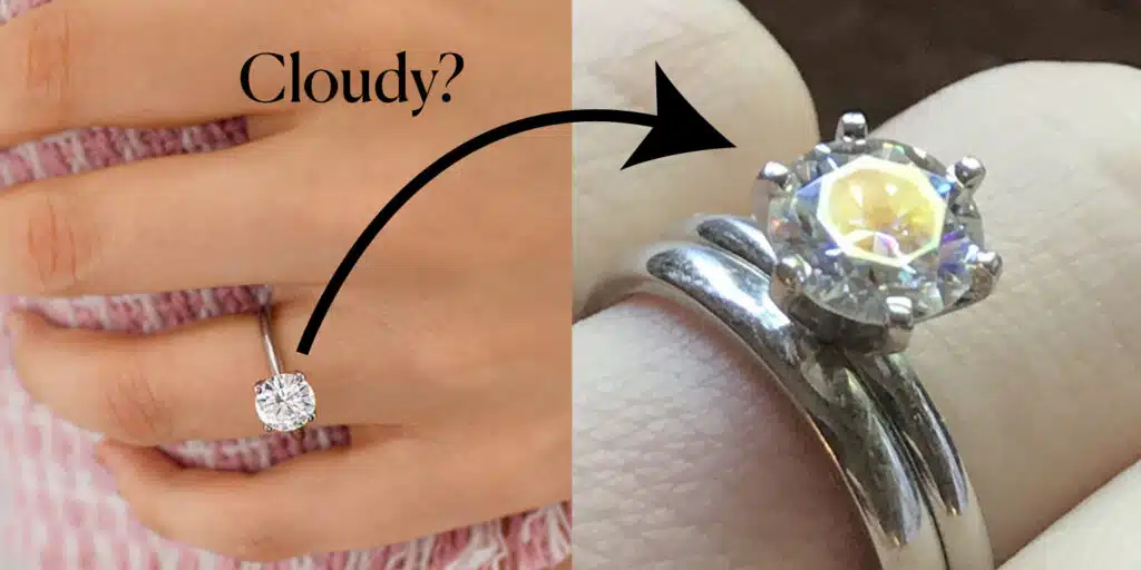 Left side normal moissanite ring, right side, that moissanite got cloudy