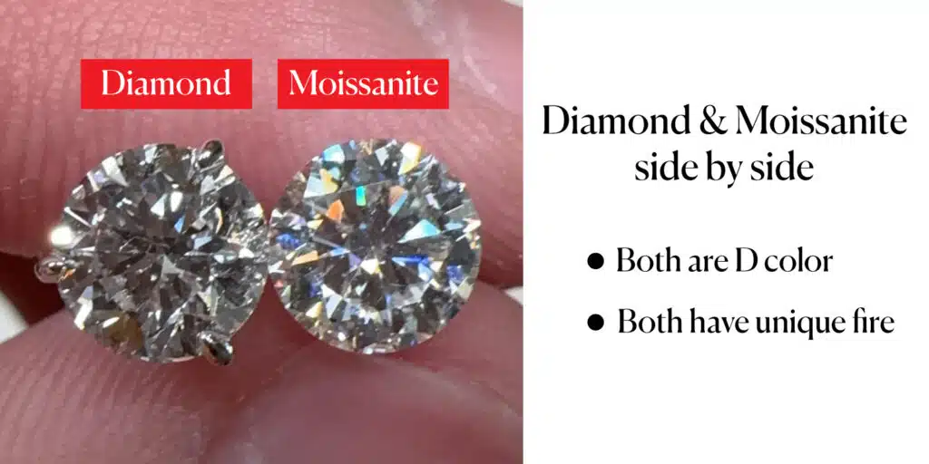 Diamond and Moissanite stones of D color grade displayed side by side, each exhibiting unique fire and brilliance.