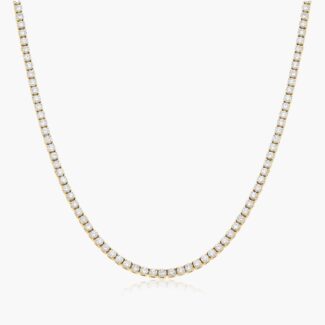 14K yellow gold floating diamond tennis necklace (5.00 CTW) with prong-set lab-grown diamonds on white background