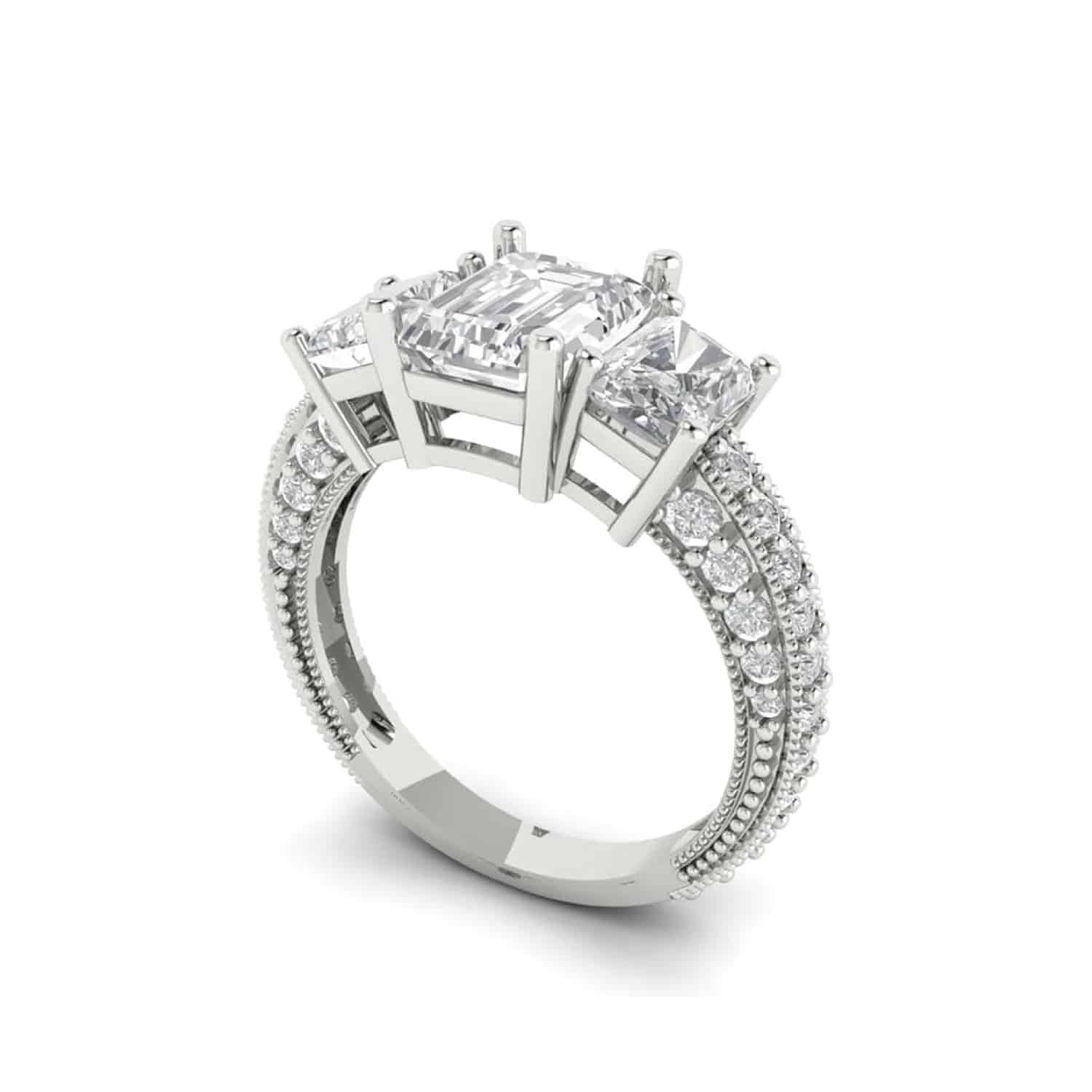 Elegant 18K white gold solitaire ring with 3-stone accents from Clara Pucci. Perfect for bridal, engagement, or statement wear. Elegant 18K white gold solitaire ring with 3-stone accents from Clara Pucci. Perfect for bridal, engagement, or statement wear.