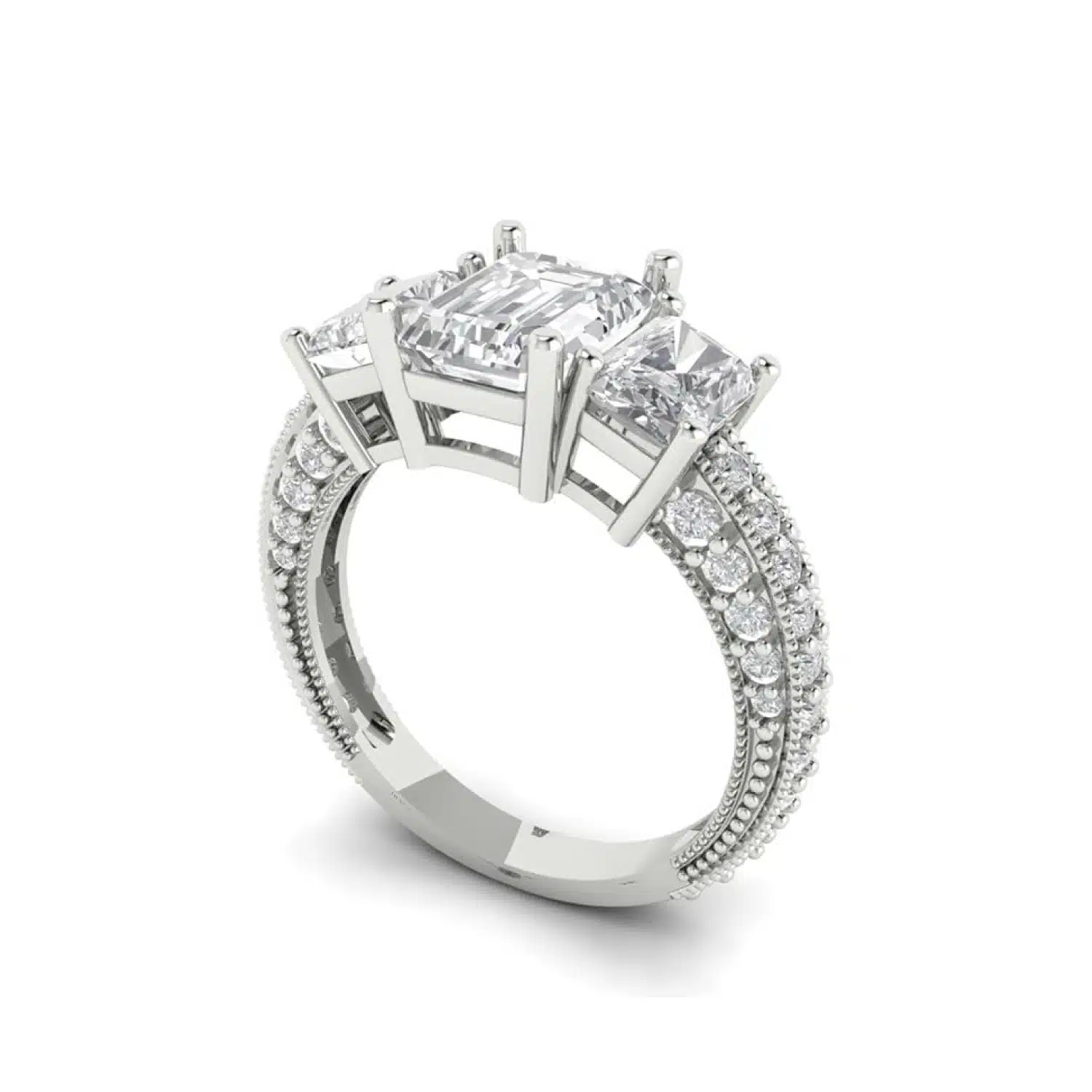 Elegant 18K white gold solitaire ring with 3-stone accents from Clara Pucci. Perfect for bridal, engagement, or statement wear. Elegant 18K white gold solitaire ring with 3-stone accents from Clara Pucci. Perfect for bridal, engagement, or statement wear.