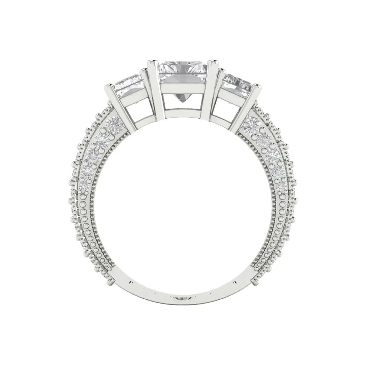 Elegant 18K white gold solitaire ring with 3-stone accents from Clara Pucci. Perfect for bridal, engagement, or statement wear. Elegant 18K white gold solitaire ring with 3-stone accents from Clara Pucci. Perfect for bridal, engagement, or statement wear.