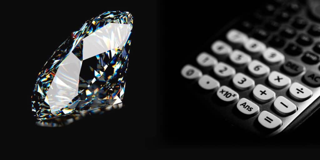 Diamond on BLACK background with diamond appraisal calculator interface for estimating value.