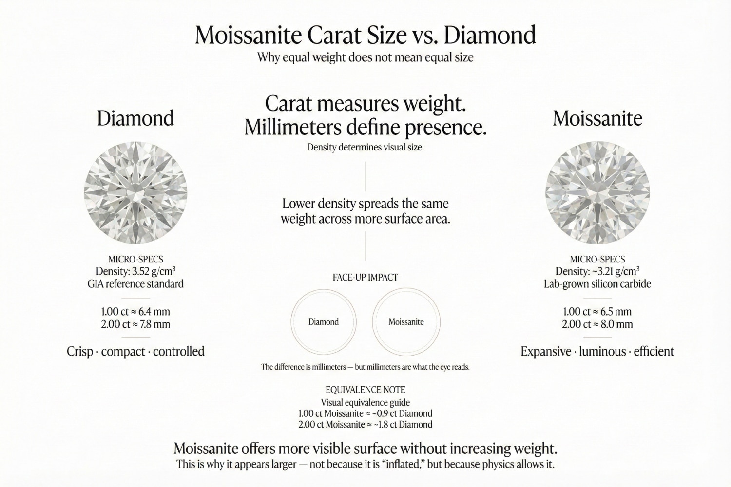 An infographic titled "Moissanite Carat Size vs. Diamond: Why equal weight does not mean equal size." It compares Diamond (High density 3.52 g/cm³, Compact) vs. Moissanite (Lower density 3.21 g/cm³, Expansive). It shows data points: 2.00 ct Diamond = 7.8mm, 2.00 ct Moissanite = 8.0mm. It concludes: "Millimeters define presence."