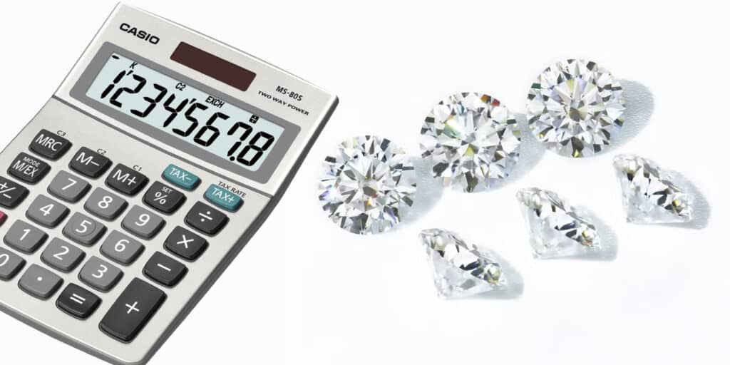 Loose moissanite stone on white background with moissanite price calculator interface for estimating cost.