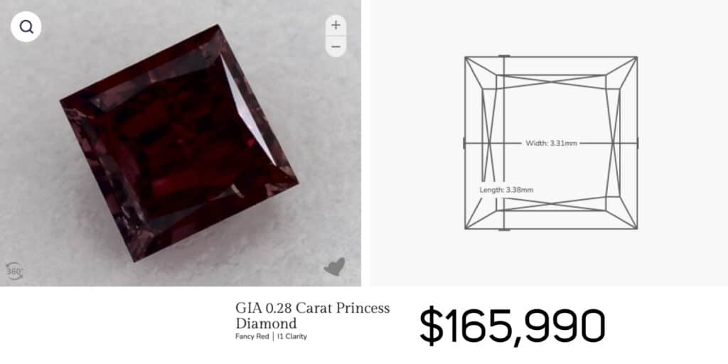 GIA 0.28 Carat Princess Fancy Red Diamond. I1 Clarity in James Allen.