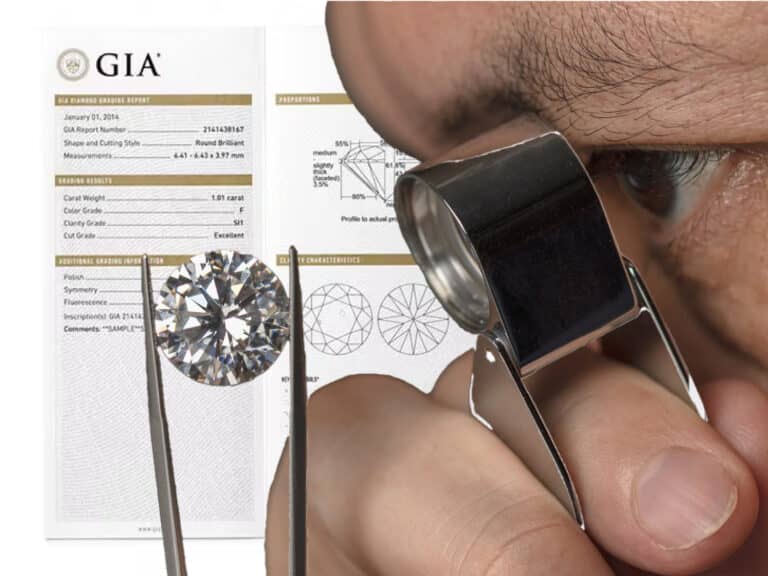 A jeweler using a loupe to inspect a diamond, with a diamond certificate in the background.