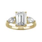 Elegant 3.38 cttw DEW emerald cut moissanite engagement ring by Charles & Colvard in 14k yellow gold. Lab-grown & warrantied.
