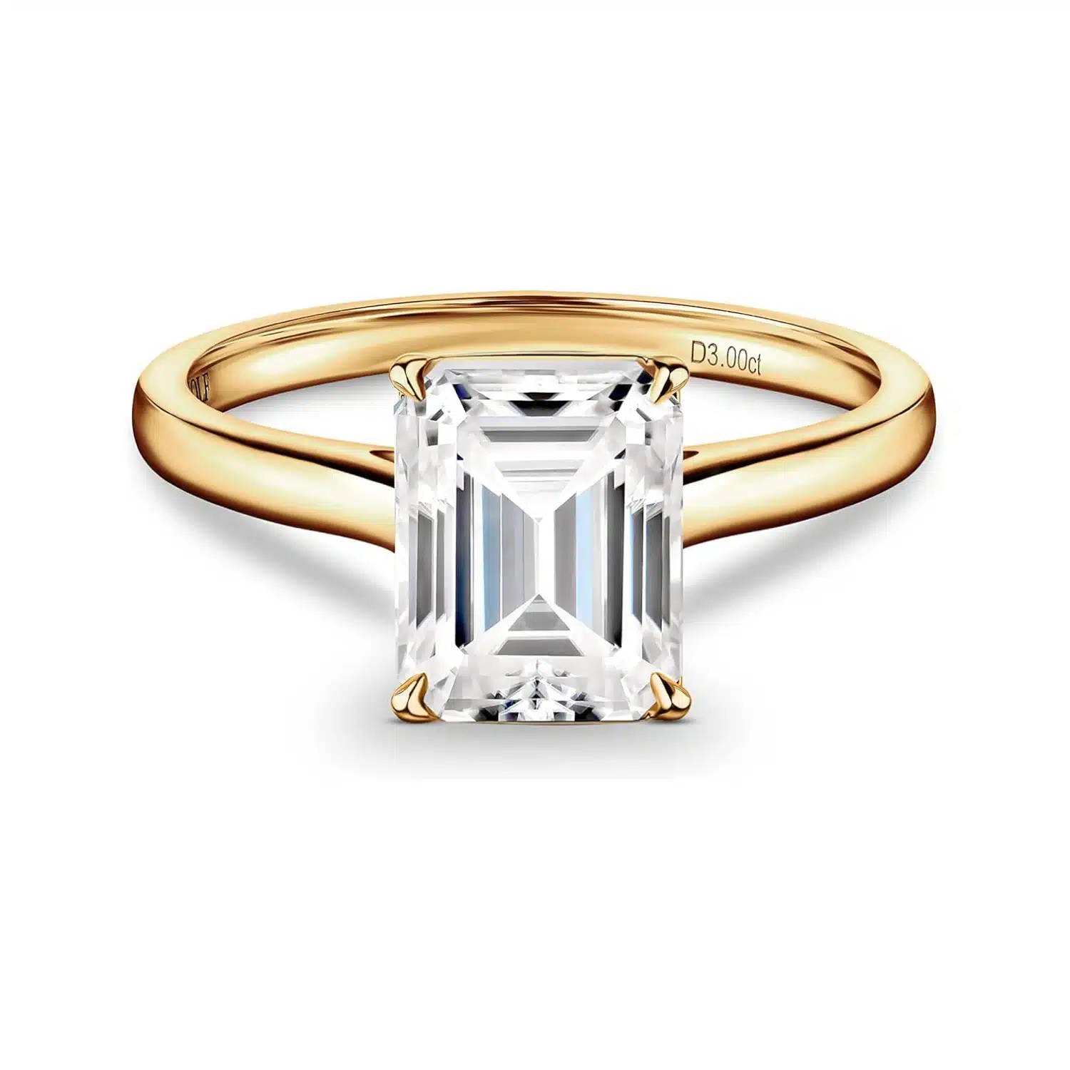 Certified 3 carat emerald cut moissanite ring in 10k gold from ISAAC WOLF. Perfect for engagement, wedding, or promise.