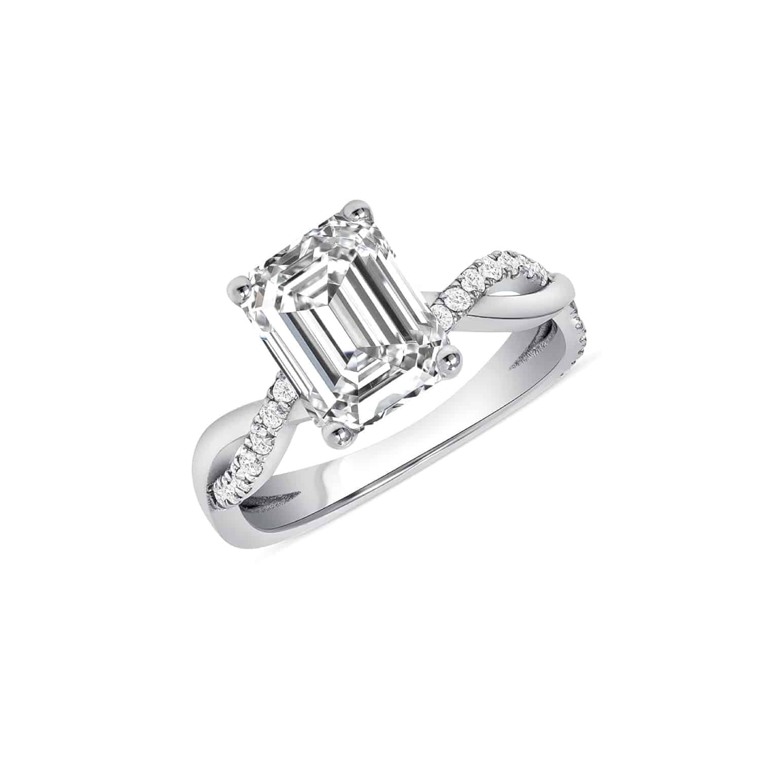 emerald-cut-moissanite-ring--33-3-3 Elegant emerald cut moissanite engagement ring featuring a twisted pave band with natural diamond accents in 14k white gold. Made in the USA.