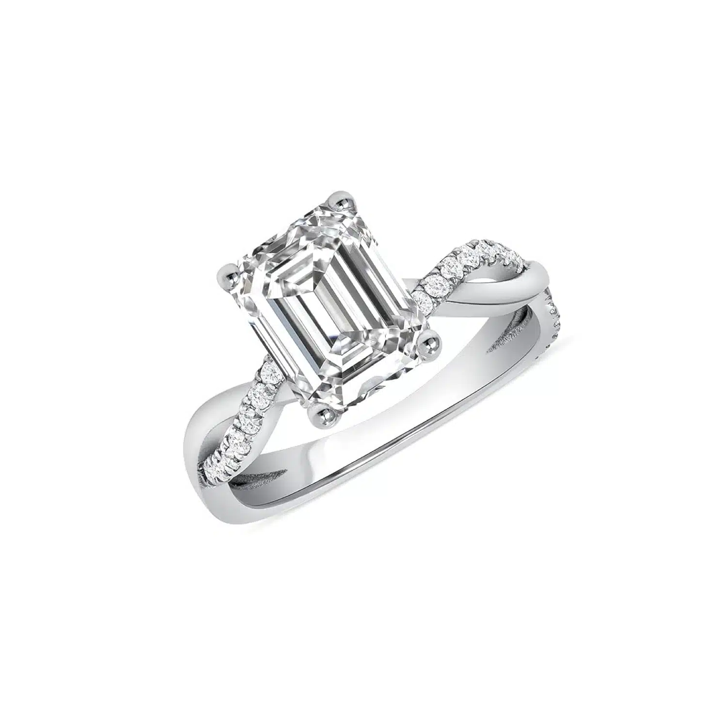Elegant emerald cut moissanite engagement ring featuring a twisted pave band with natural diamond accents in 14k white gold. Made in the USA.