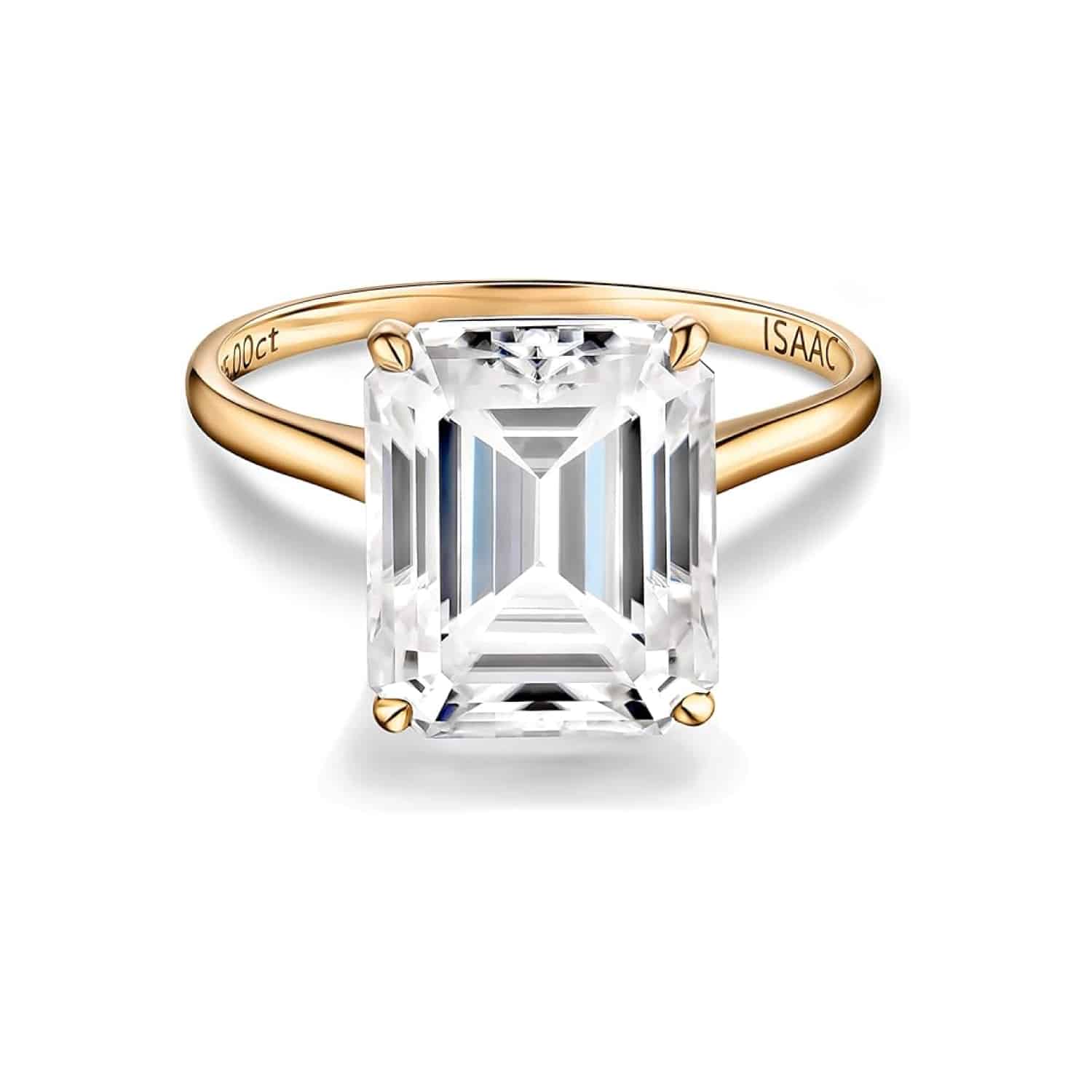 Stunning 5 carat emerald cut moissanite solitaire ring in natural 14k gold from ISAAC WOLF. Perfect for special occasions.