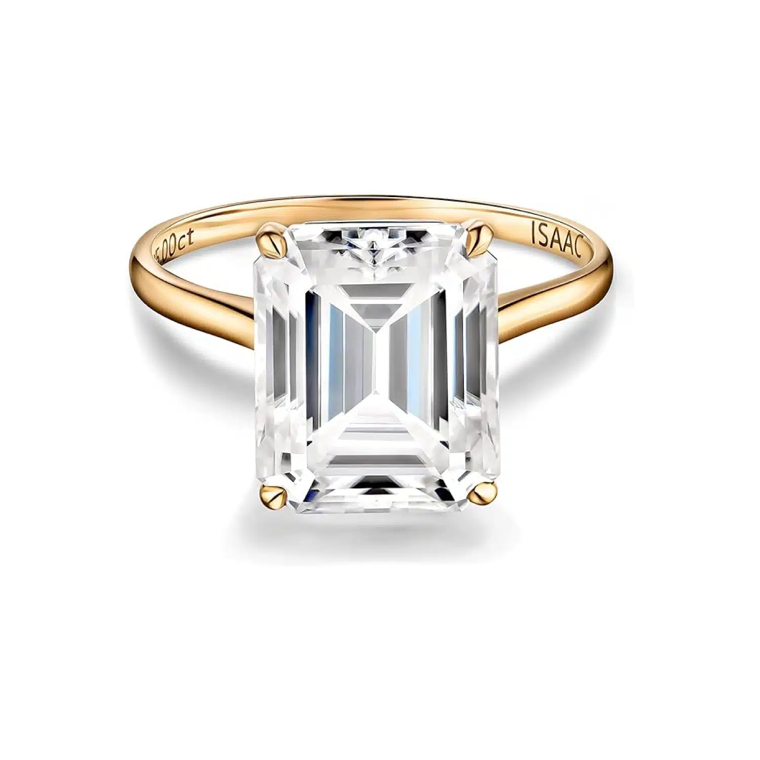 emerald-cut-moissanite-ring--4 Stunning 5 carat emerald cut moissanite solitaire ring in natural 14k gold from ISAAC WOLF. Perfect for special occasions.