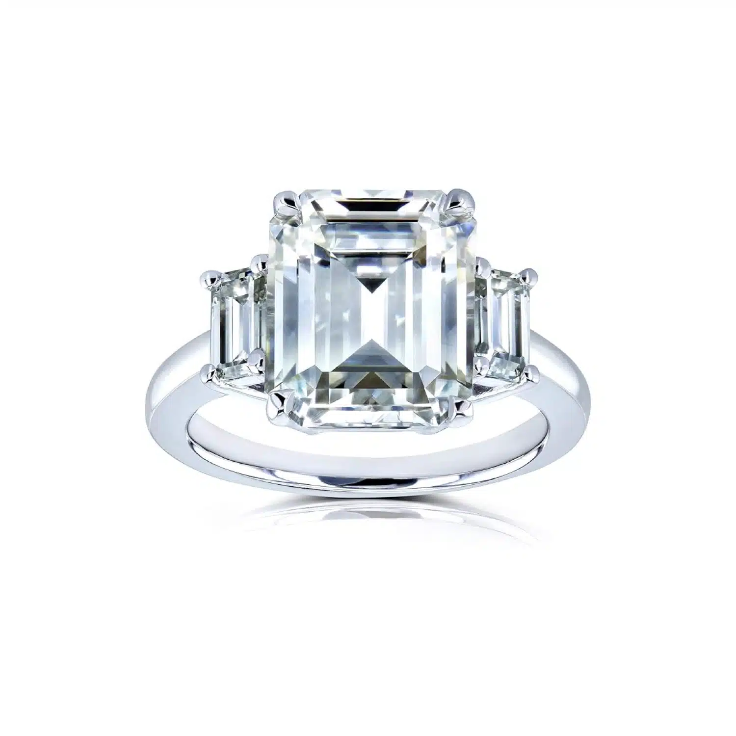 emerald-cut-moissanite-ring--5 Kobelli 5.5 carat TGW emerald cut moissanite three-stone statement ring in 14k white gold. Shop this luxury engagement ring!