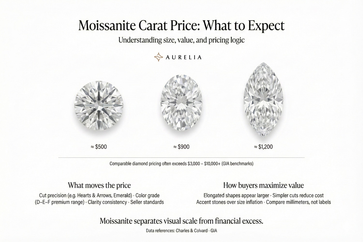 An infographic titled "Moissanite Carat Price: What to Expect". It visualizes three stone shapes with approximate prices: Round (~$500), Oval (~$900), Marquise (~$1,200). It notes comparable diamond pricing exceeds $3,000–$10,000+. It lists price drivers (Cut precision, Color grade) and value tips (Compare millimeters, not labels).