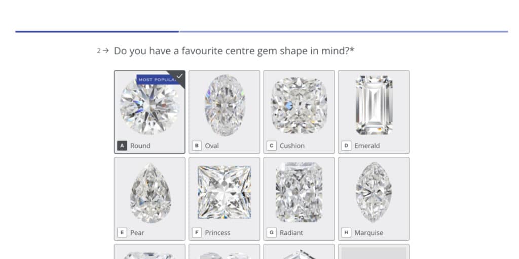 Explore stone shape options like round, pear, oval, emerald, and more.