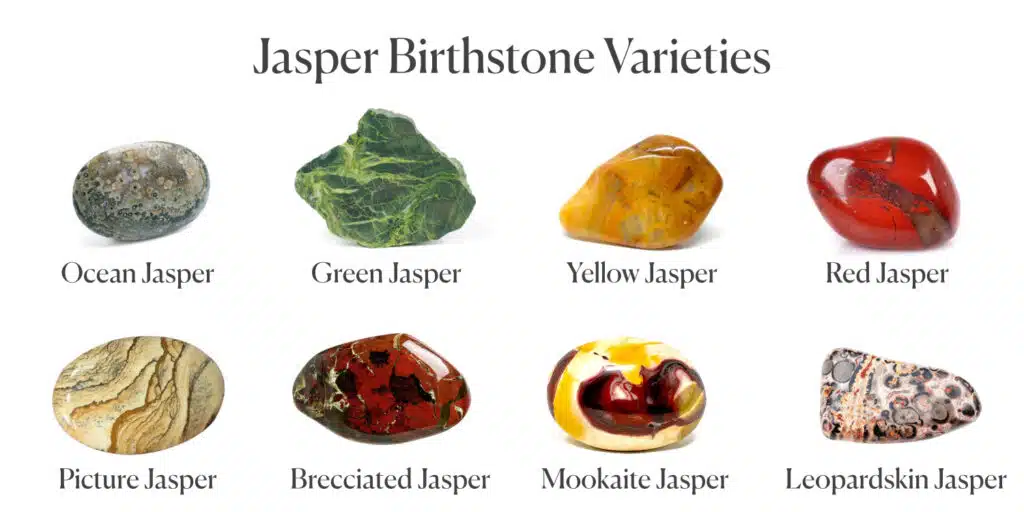 Arrangement of various Jasper birthstone types including Ocean, Green, Yellow, Red, Picture, Brecciated, Mookaite, and Leopardskin Jasper. These colorful stones represent February's Guardian Angel birthstone, an alternative to the month's primary Amethyst.