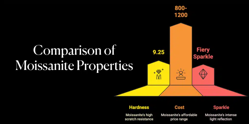 A visual comparing Moissanite, diamonds, and cubic zirconia (hardness, cost, sparkle), captioned: “Moissanite’s Hip-Hop Shine!” It highlights Moissanite’s 9.25 hardness, $800–$1,200 cost, and fiery sparkle, making it the top pick for rapper bling.