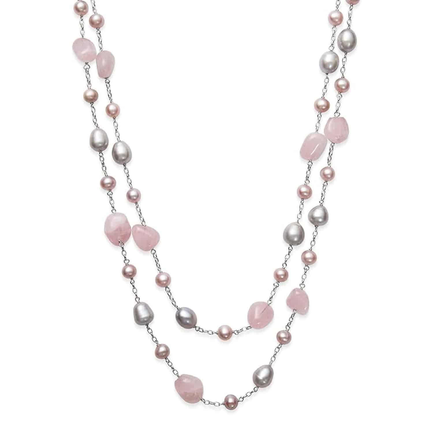 Rose Quartz & Pink Freshwater Pearl Sterling Silver Station Necklace, 18"