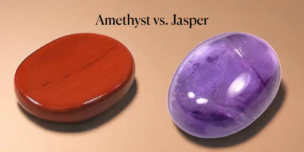 Amethyst AND  Jasper birthstone side by side on a table