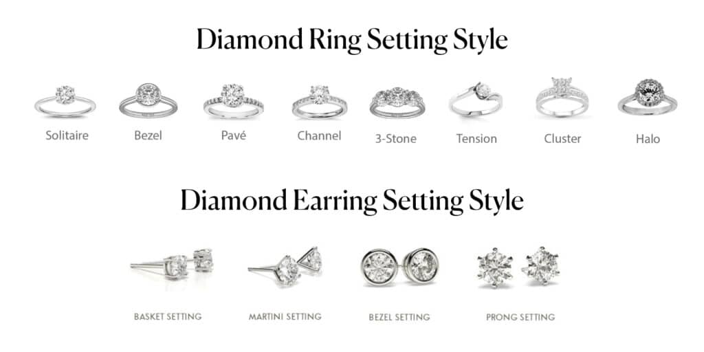 diferent types of setting for both Diamond earrings and rings