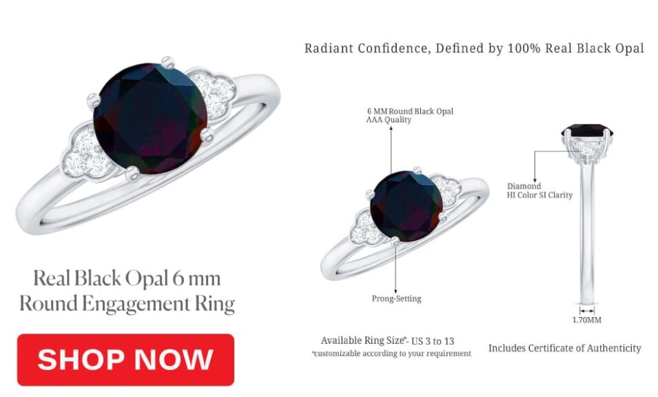 Real Black Opal 6 mm Round Engagement Ring, AAA Quality, Opal Diamond Solitaire Ring - Ideal For Gift