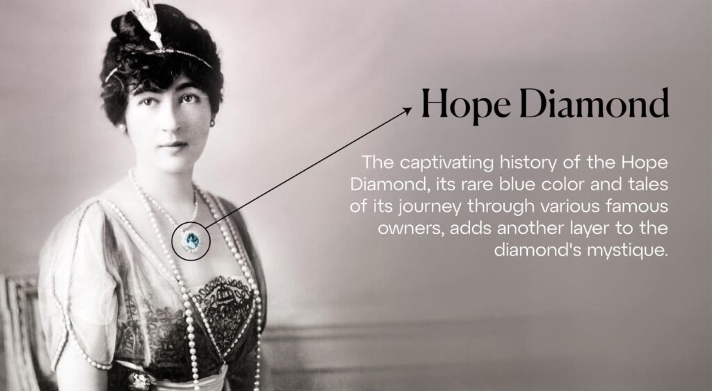 Evalyn Walsh McLean wearing the Hope Diamond, a famous blue diamond.