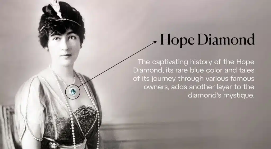 Evalyn Walsh McLean wearing the Hope Diamond, a famous blue diamond.